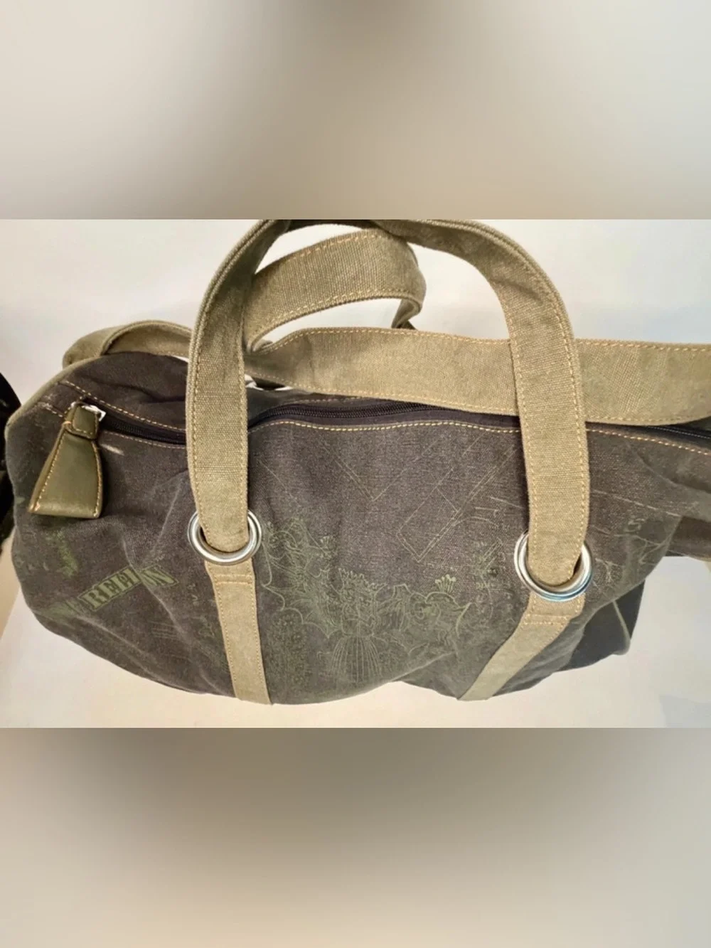 Vtg True Religion Mens TR Canvas Duffle Bag Tan OD Green 20x18x10 like new